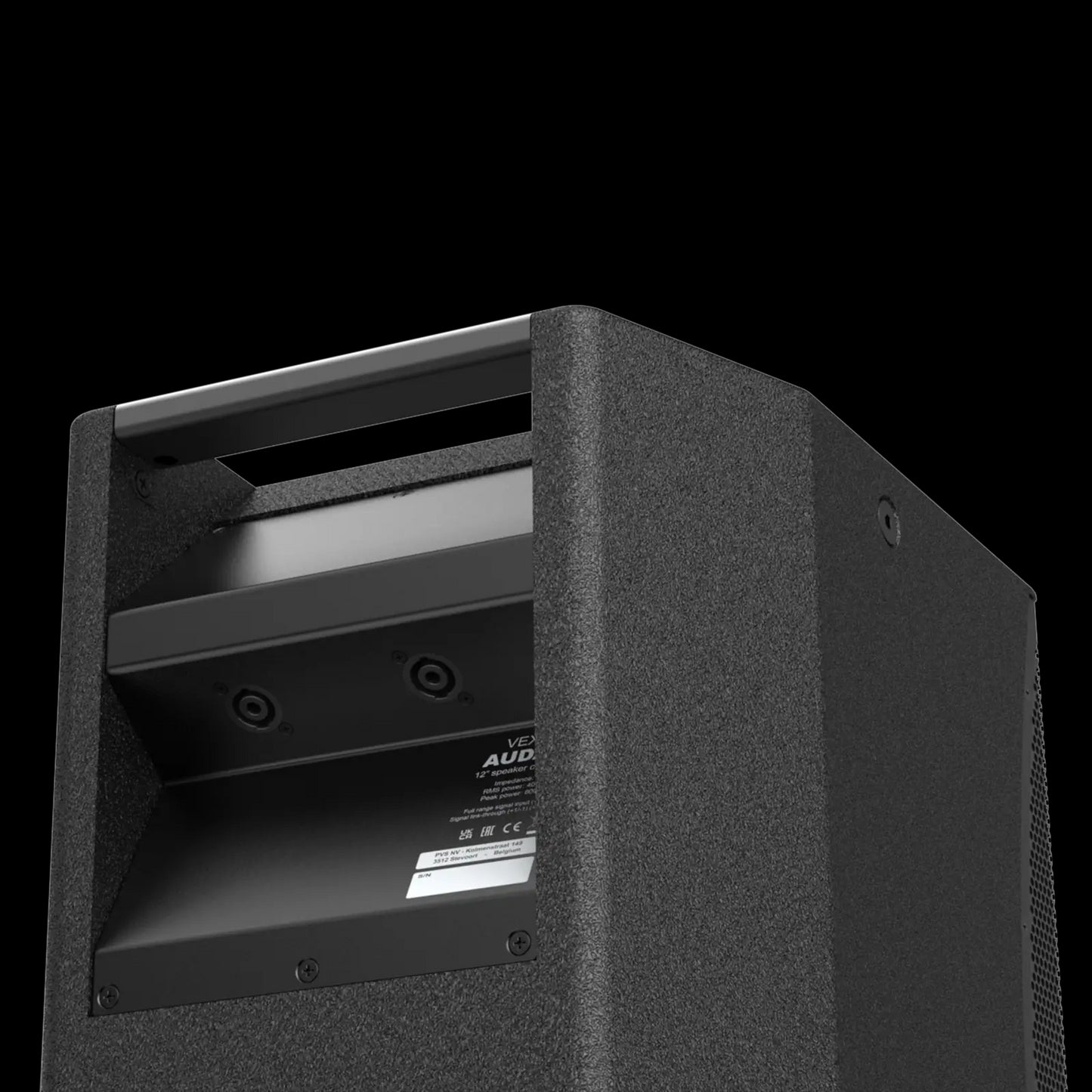 Audac 12-inch high performance 2-way loudspeaker in black, showcasing inputs and design features.