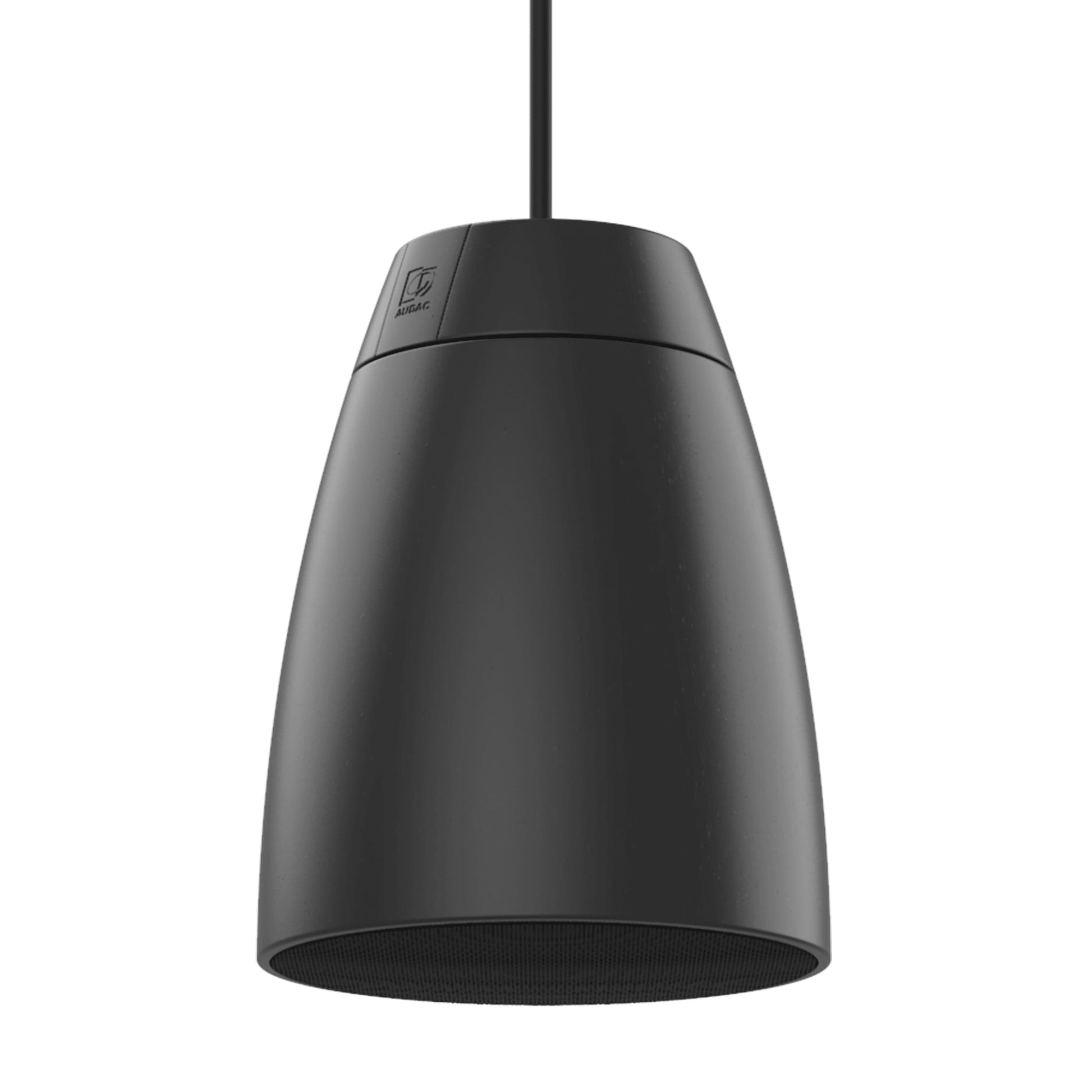Audac 2-way 6-inch pendant speaker in black, showcasing its sleek design and compact size.