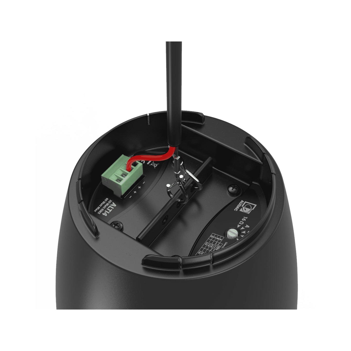 Audac 2-way 6 inch pendant speaker in black, showcasing its design and mounting features.