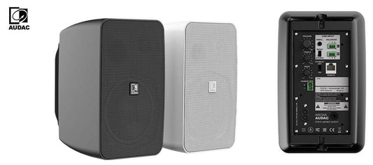 Audac 2-Way Stereo active speaker system in black, featuring two 40W speakers designed for high-quality sound performance.