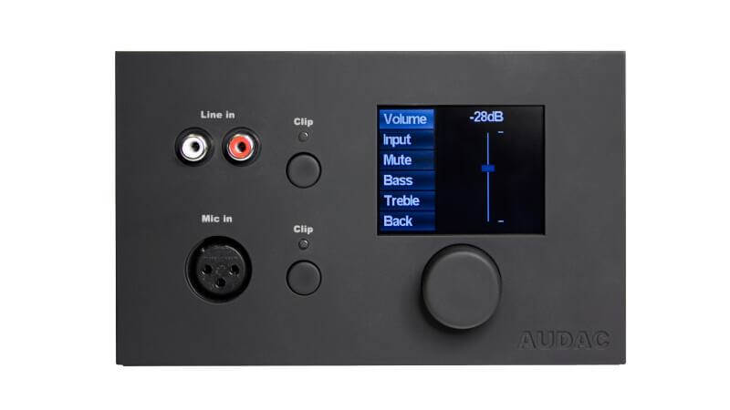 Audac all-in-one wall panel in black, designed for MTX systems, showcasing its sleek design and functionality.