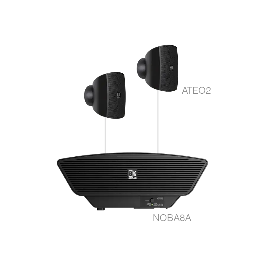 AUDAC ATEO2 Compact Wall Speaker in black, featuring CleverMount™ technology, designed for versatile wall installation.
