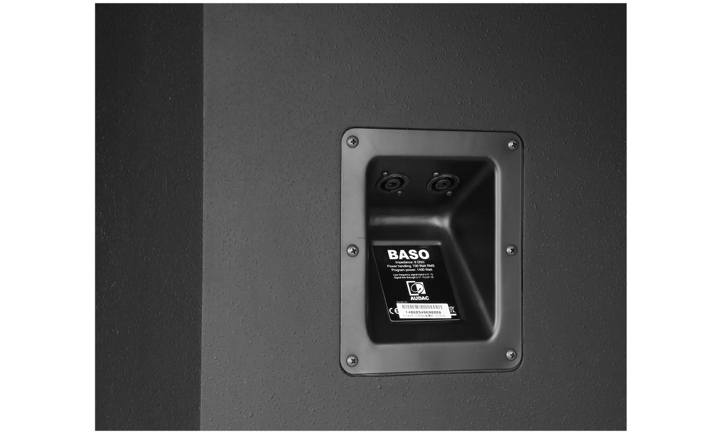 Backside view of the AUDAC BASO10 Compact 10-inch Bass Reflex Cabinet in black.