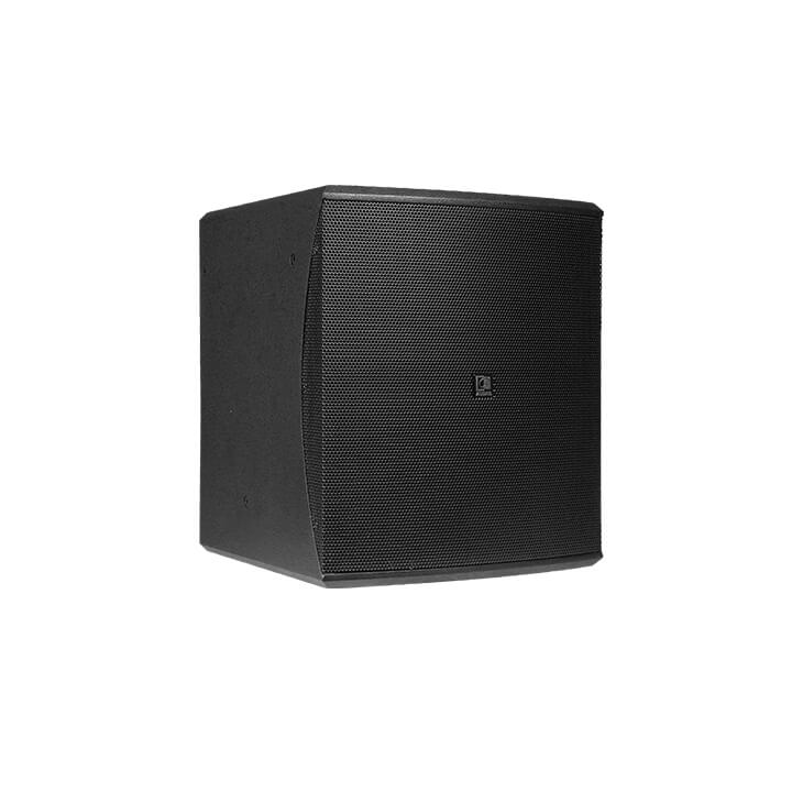 Audac Compact 12 inch Bass Reflex Cabinet in black, showcasing its sleek design and professional audio features.