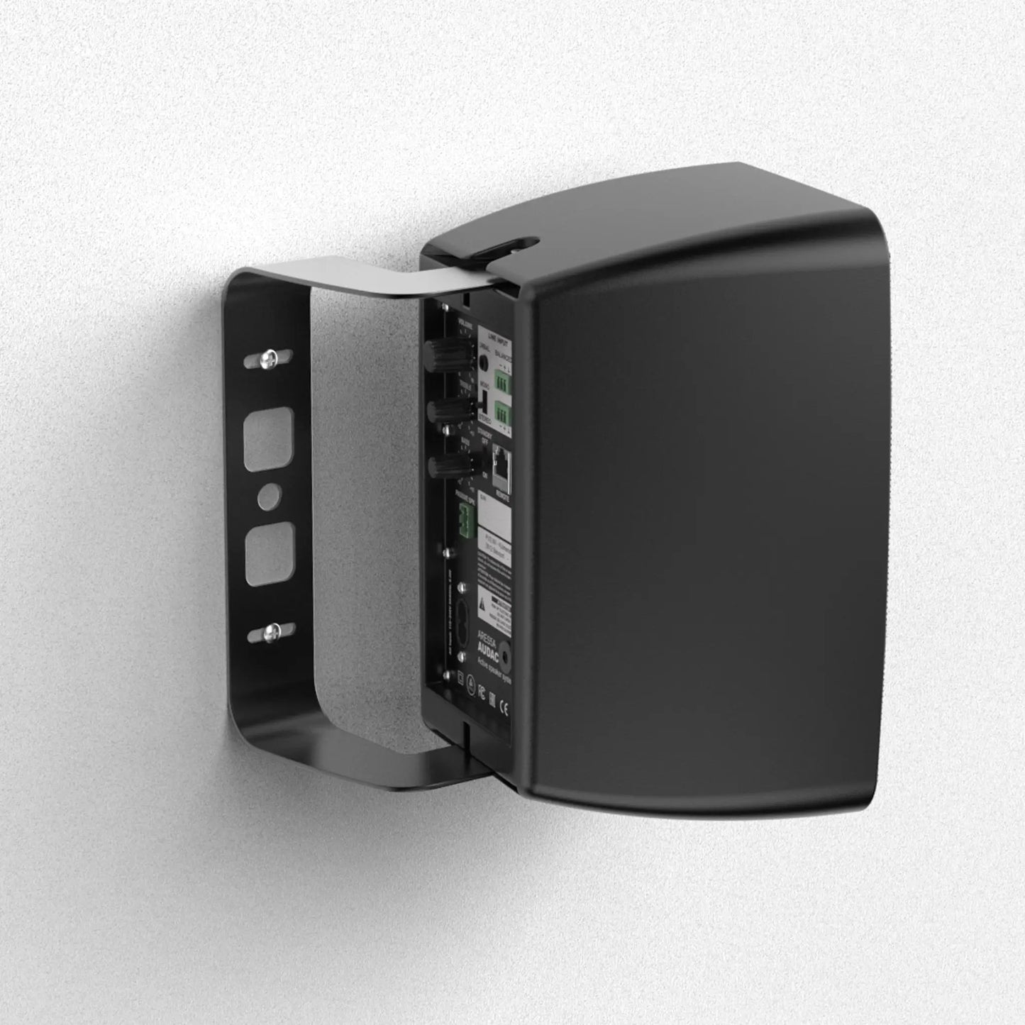 AUDAC MBK455 Angled Mounting Bracket Set for ARES5A in black, showcasing the installed product.
