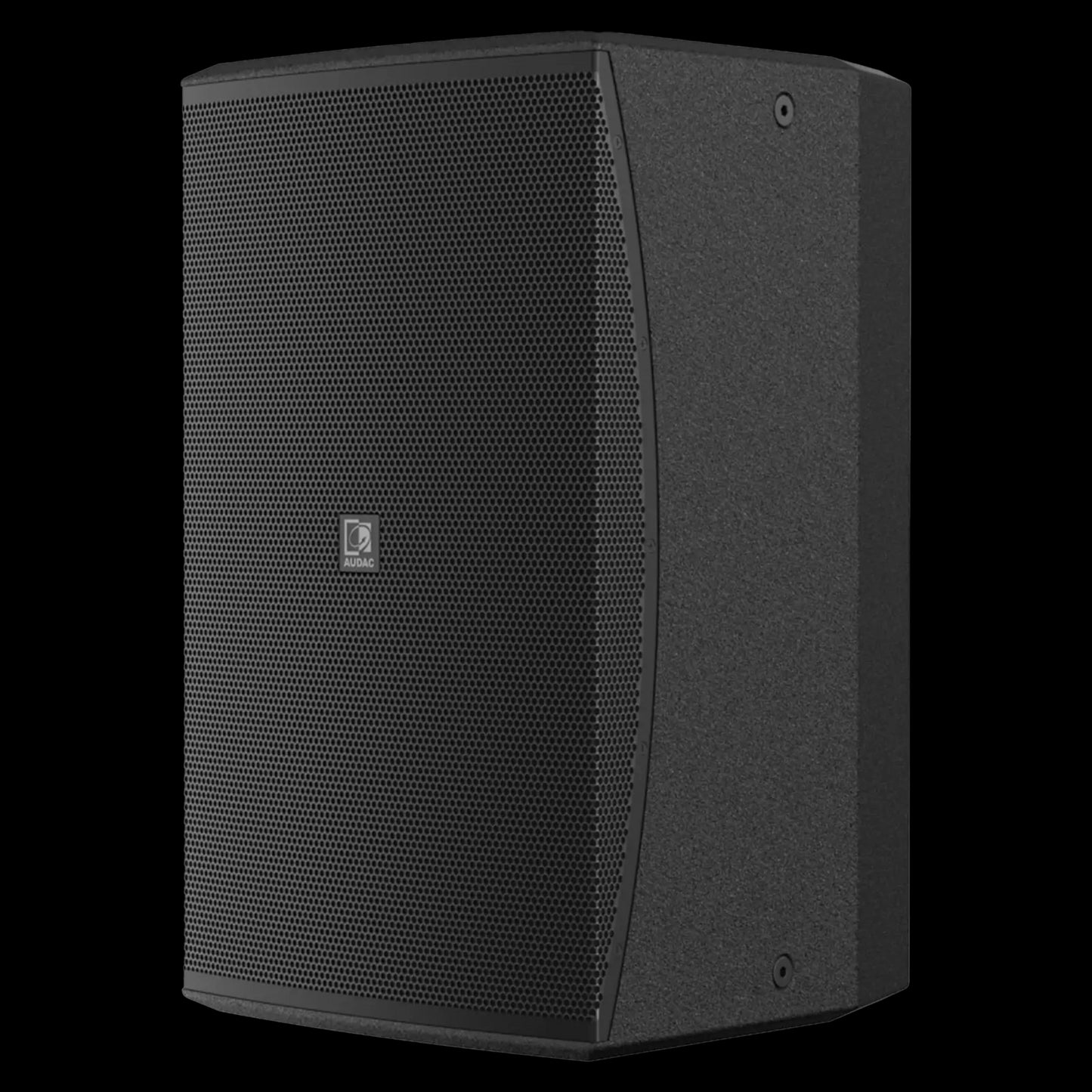 Audac 12 inch high performance 2-way loudspeaker in black version, showcasing its sleek design and professional features.