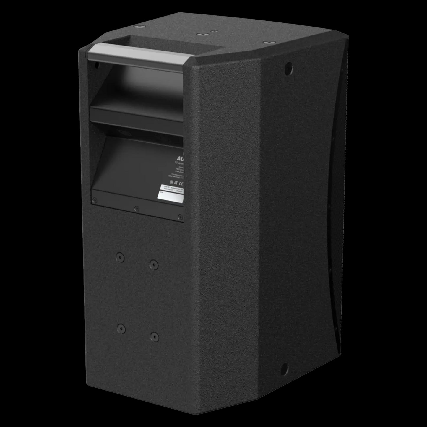 Audac 12-inch high performance 2-way loudspeaker in black, showcasing the back view with connections.