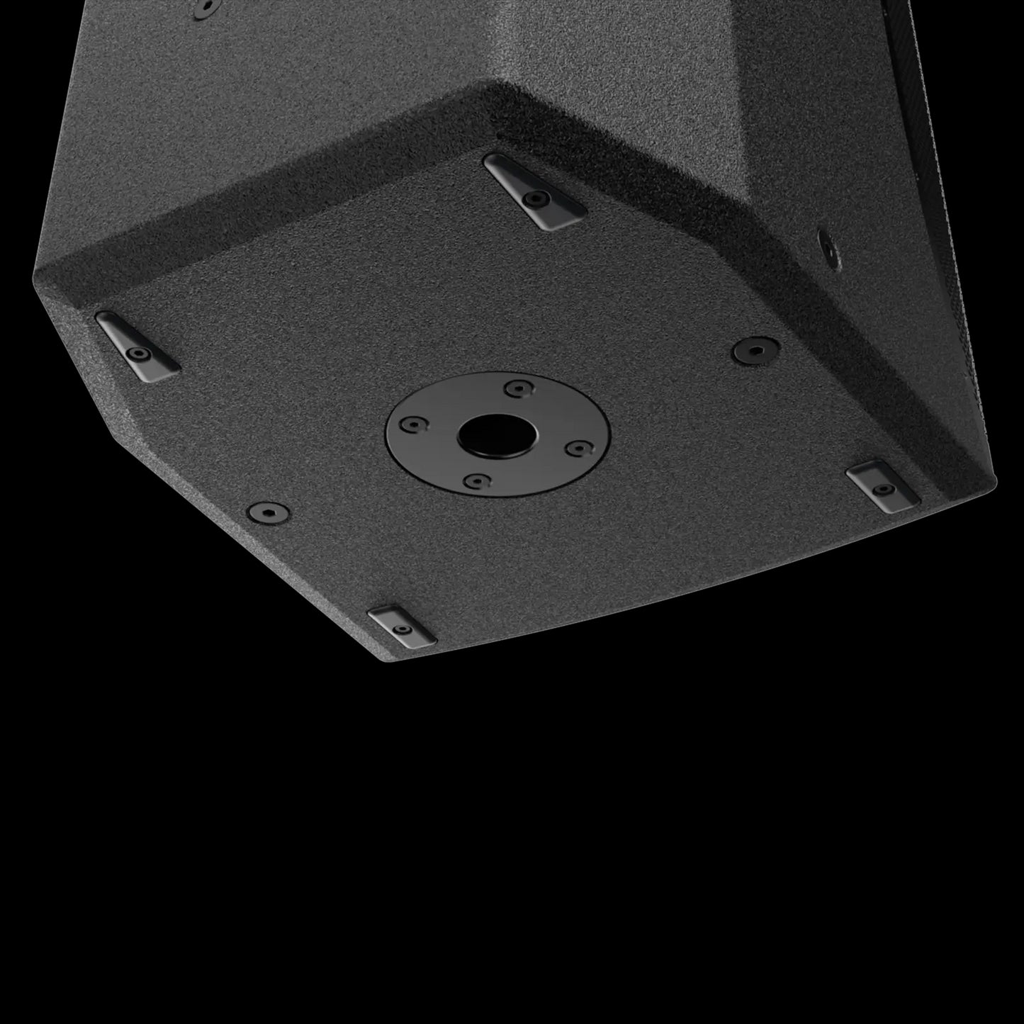 Audac 12 inch high performance 2-way loudspeaker in black, showcasing its bottom view.