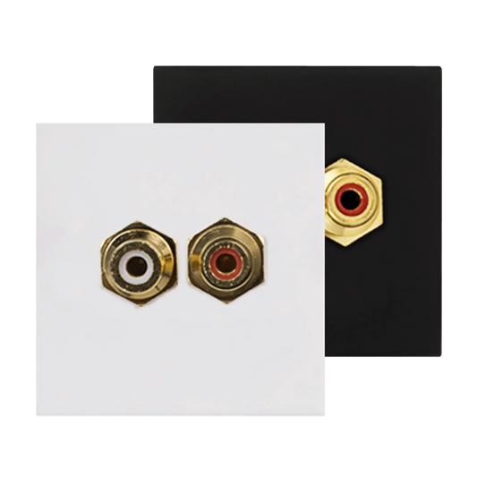 AUDAC Connection Plate in black featuring dual female RCA connectors, designed for easy audio connections.