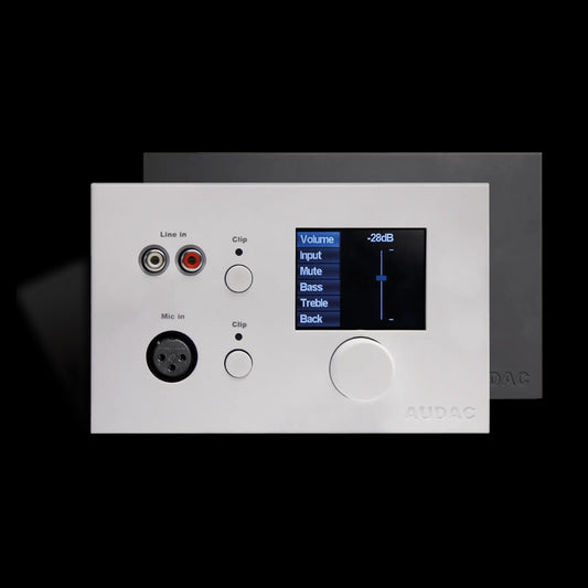 Audac Digital all-in-one wall panel in black, showcasing its sleek design and functionality.