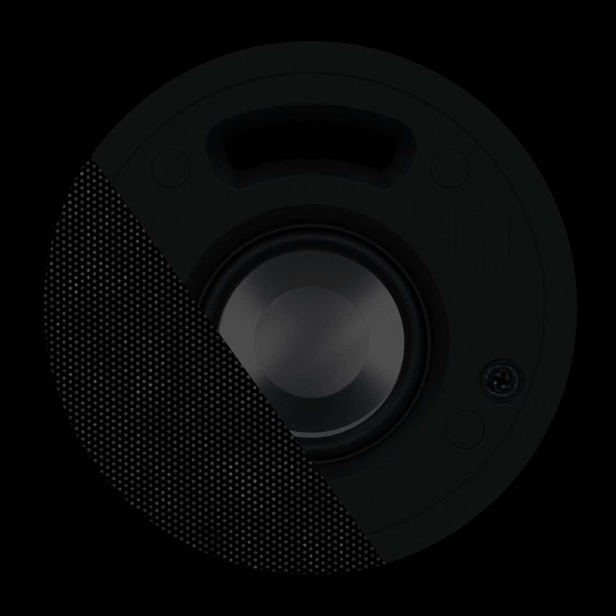 Audac front grill for CELO2 in black color, RAL 9005, displayed on a white background.