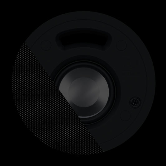 Audac front grill for CELO2 in black color, RAL 9005, displayed on a white background.