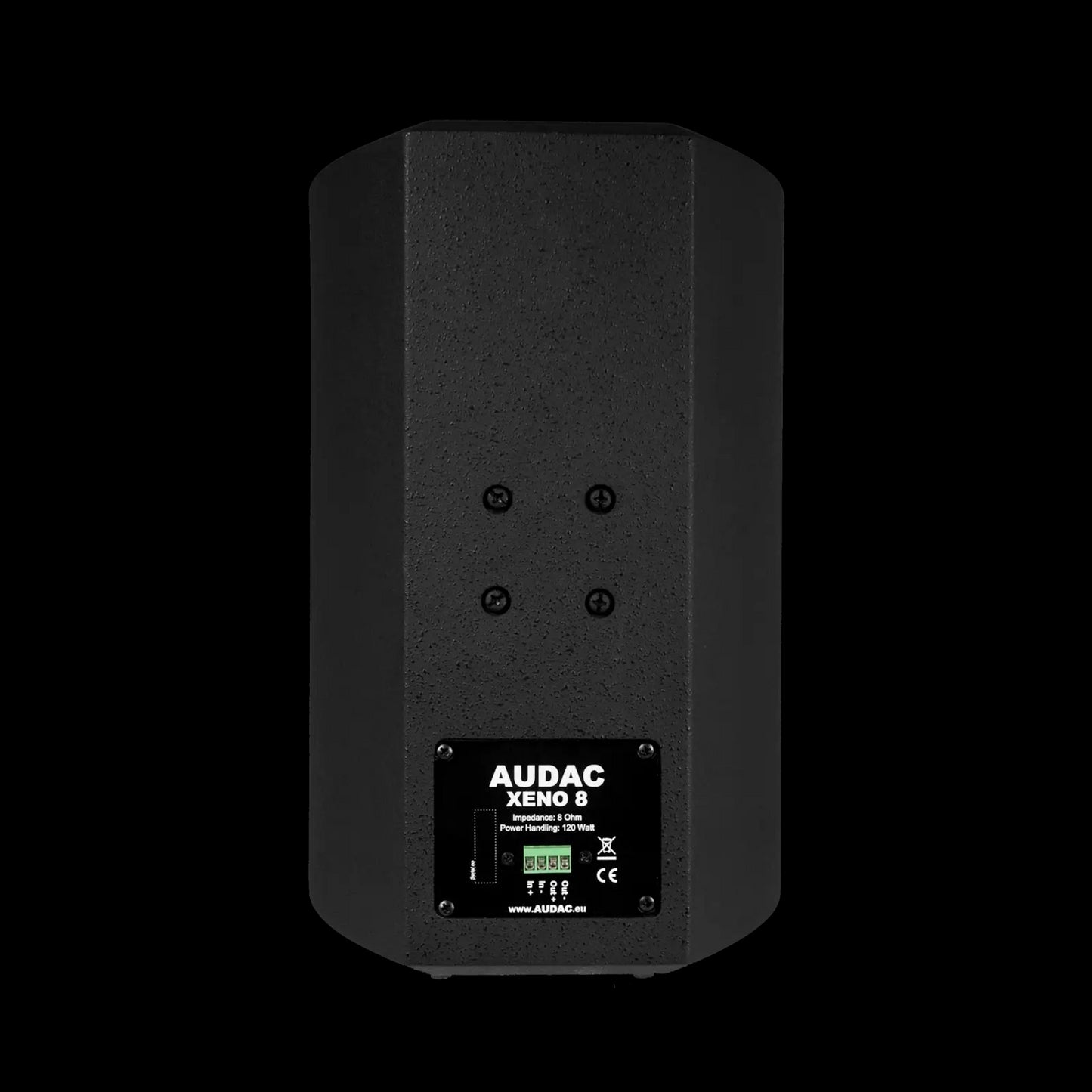 Audac full range 8 inch black speaker, showcasing the back view and design features.