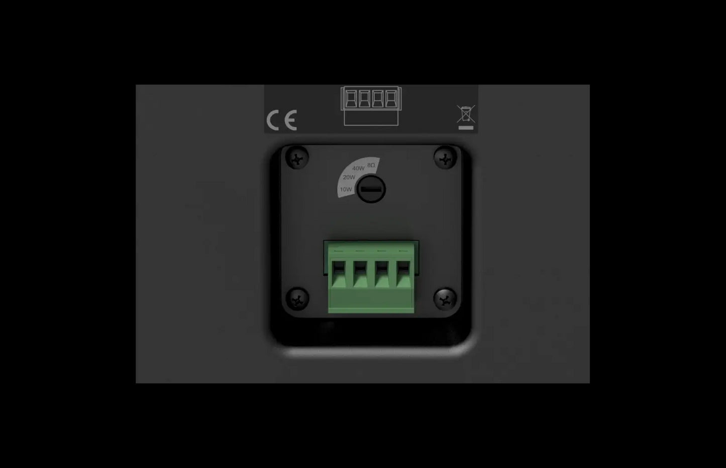 Audac Universal wall speaker 5 1/4 inch in black, showcasing the terminal block design.