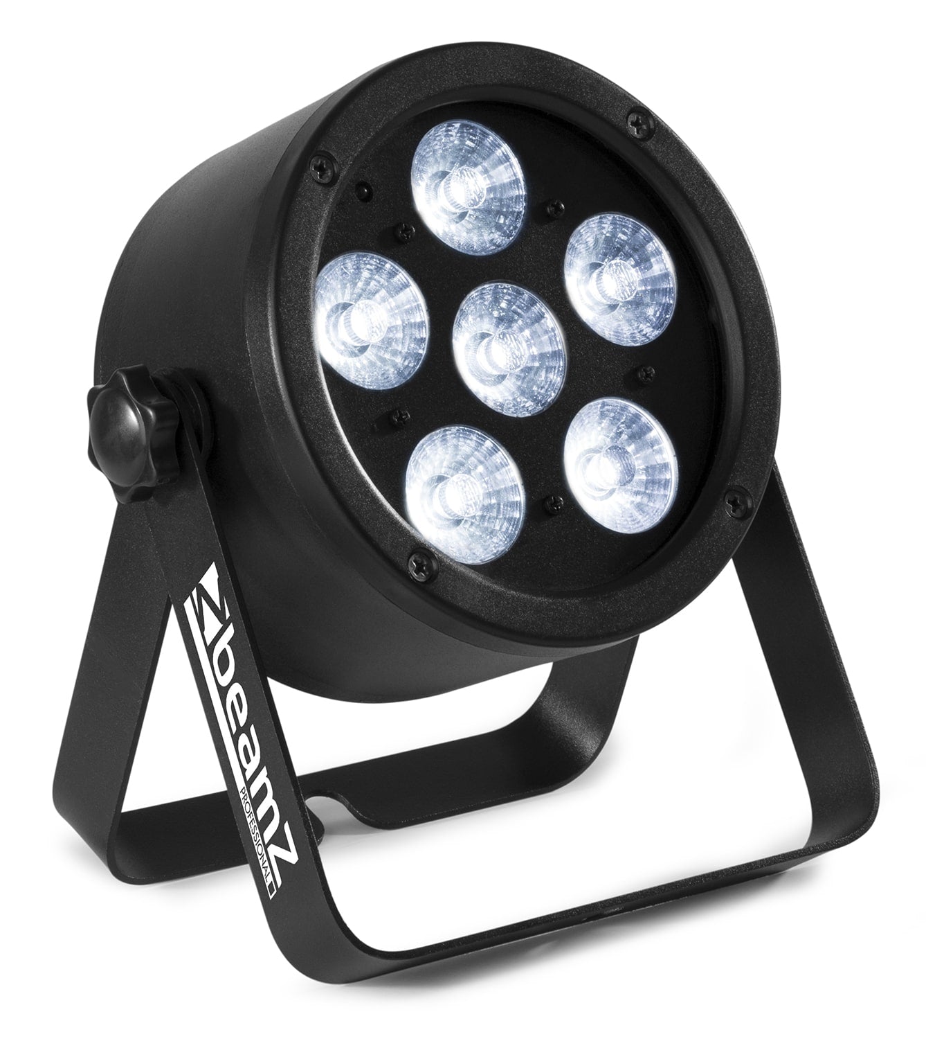 Angled view of the BAC300 Aluminium LED Par with 6x 8W RGBW LEDs and durable aluminum housing by beamZ Pro 1.