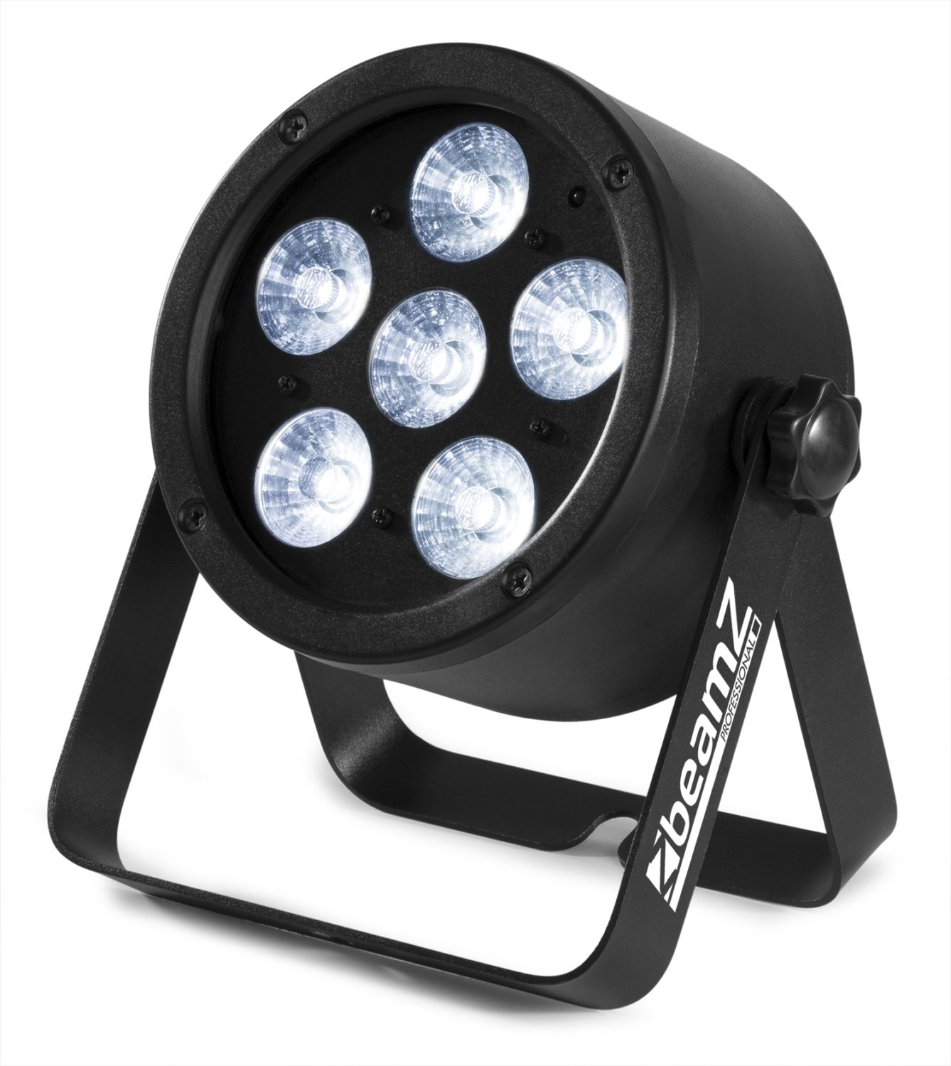 Angled view of the BAC300 Aluminium LED Par with 6x 8W RGBW LEDs and durable aluminum housing by beamZ Pro 2.