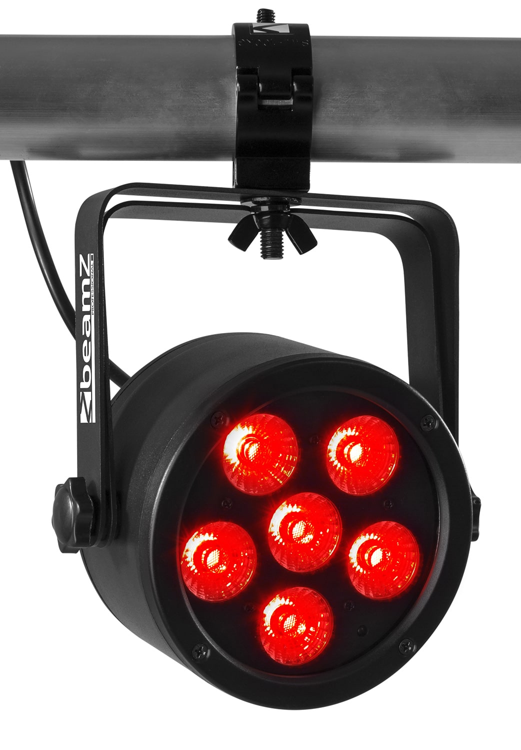 Angled view of the BAC300 Aluminium LED Par with 6x 8W RGBW LEDs and durable aluminum housing by beamZ Pro 4.