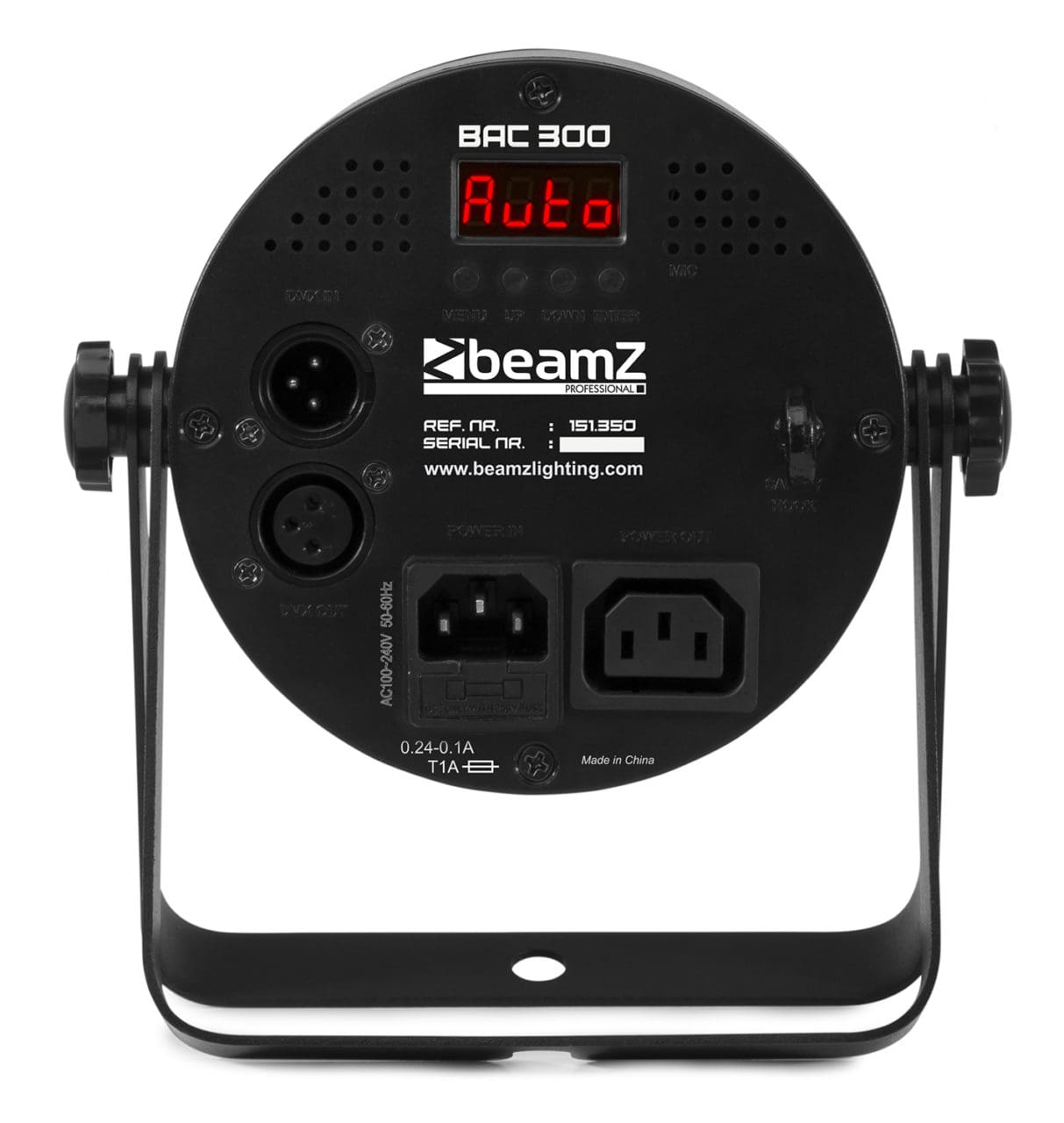Back view of the BAC300 Aluminium LED Par with 6x 8W RGBW LEDs and durable aluminum housing by beamZ Pro.