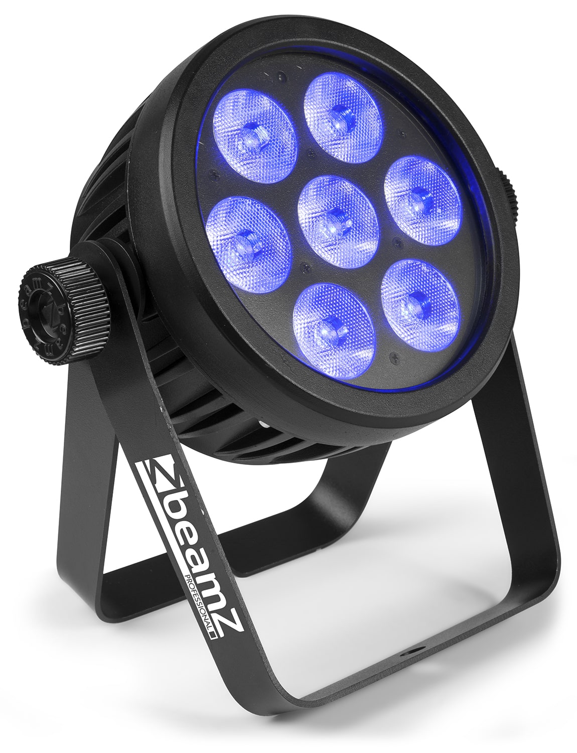 Angled view of the BAC500 Aluminum ProPar with 7x 14W 7-in-1 LEDs, RGBA-UV-CW/WW color mixing, and lightweight aluminum housing by beamZ Pro in Blue 2.