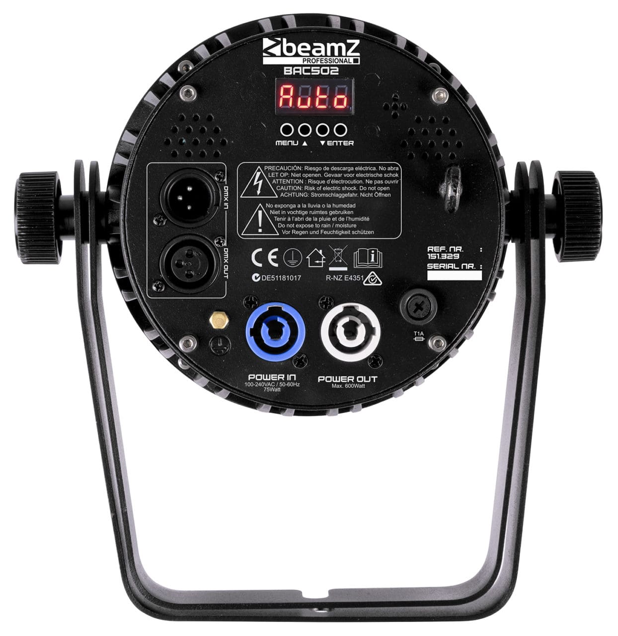 Back view of the BAC500 Aluminum ProPar with 7x 14W 7-in-1 LEDs, RGBA-UV-CW/WW color mixing, and lightweight aluminum housing by beamZ Pro.
