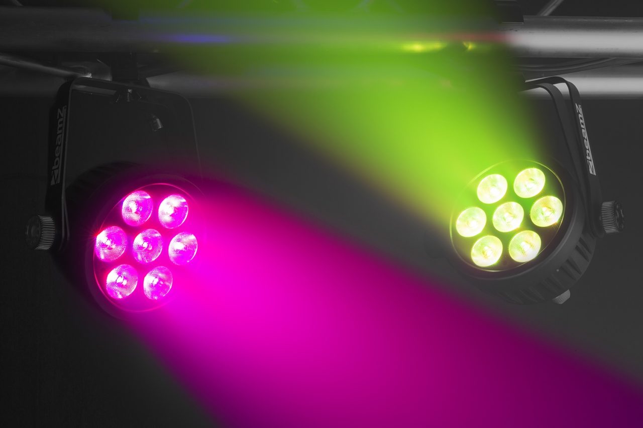 Effects view of the BAC500 Aluminum ProPar with 7x 14W 7-in-1 LEDs, RGBA-UV-CW/WW color mixing, and lightweight aluminum housing by beamZ Pro 2.