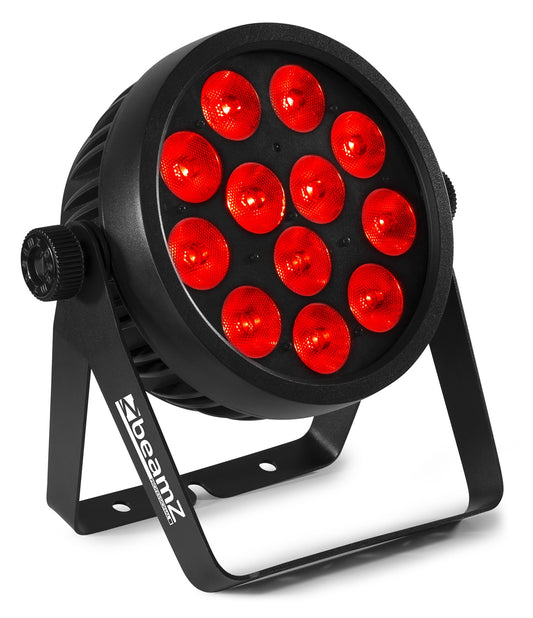 Angled view of the BAC508 Aluminum LED Par with 12x 14W 7-in-1 LEDs, RGBA-UV-CW/WW color mixing, and lightweight housing by beamZ Pro in Red 1.