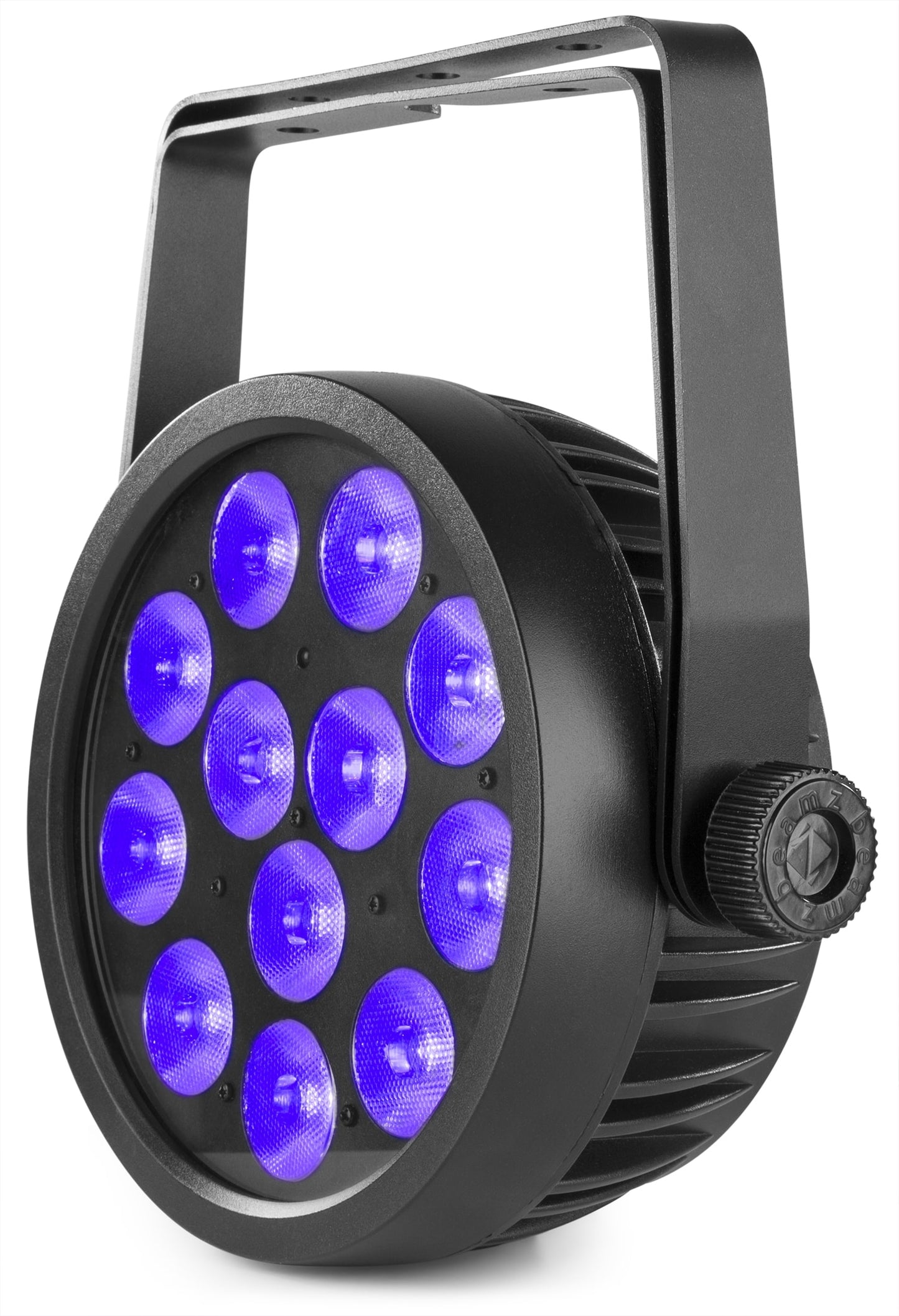 Angled view of the BAC508 Aluminum LED Par with 12x 14W 7-in-1 LEDs, RGBA-UV-CW/WW color mixing, and lightweight housing by beamZ Pro in Purple 2.