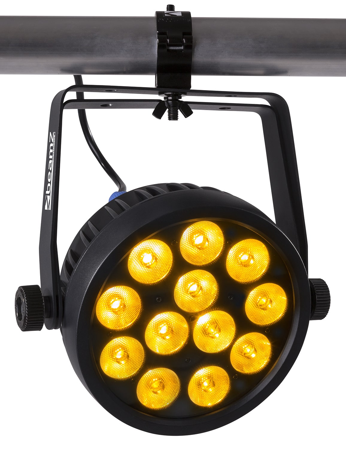 Front view of the BAC508 Aluminum LED Par with 12x 14W 7-in-1 LEDs, RGBA-UV-CW/WW color mixing, and lightweight housing by beamZ Pro in Yellow.