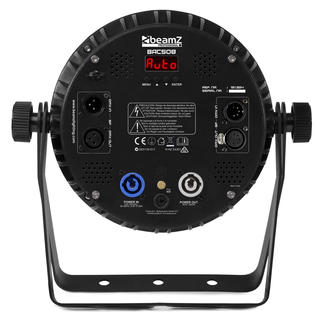 Back view of the BAC508 Aluminum LED Par with 12x 14W 7-in-1 LEDs, RGBA-UV-CW/WW color mixing, and lightweight housing by beamZ Pro.