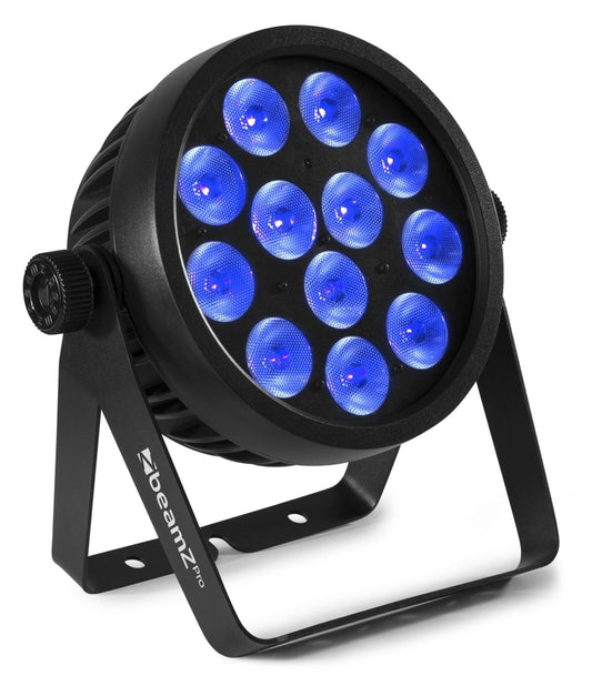Angled view of the BAC509 Aluminum LED ProPar with 12x 10W 4-in-1 LEDs, RGBA color mixing, and lightweight housing by beamZ Pro in Blue 1.