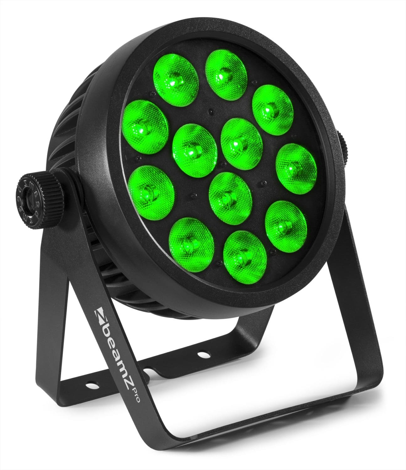Angled view of the BAC509 Aluminum LED ProPar with 12x 10W 4-in-1 LEDs, RGBA color mixing, and lightweight housing by beamZ Pro in Green 2.
