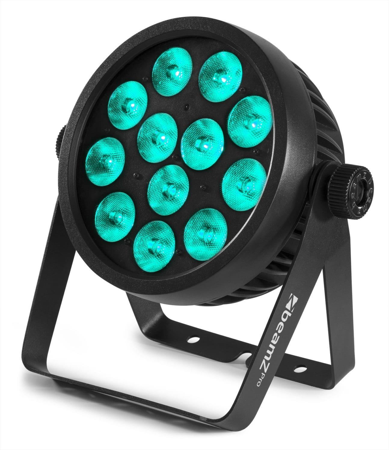 Angled view of the BAC509 Aluminum LED ProPar with 12x 10W 4-in-1 LEDs, RGBA color mixing, and lightweight housing by beamZ Pro in Cyan/Light Blue 3.