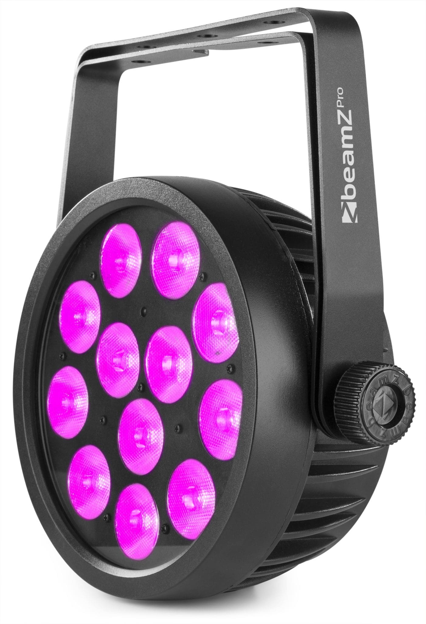 Angled view of the BAC509 Aluminum LED ProPar with 12x 10W 4-in-1 LEDs, RGBA color mixing, and lightweight housing by beamZ Pro in Pink 4.