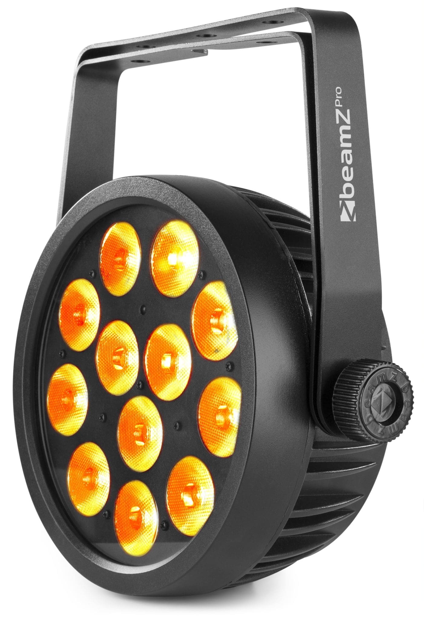 Angled view of the BAC509 Aluminum LED ProPar with 12x 10W 4-in-1 LEDs, RGBA color mixing, and lightweight housing by beamZ Pro in Yellow/Orange 5.