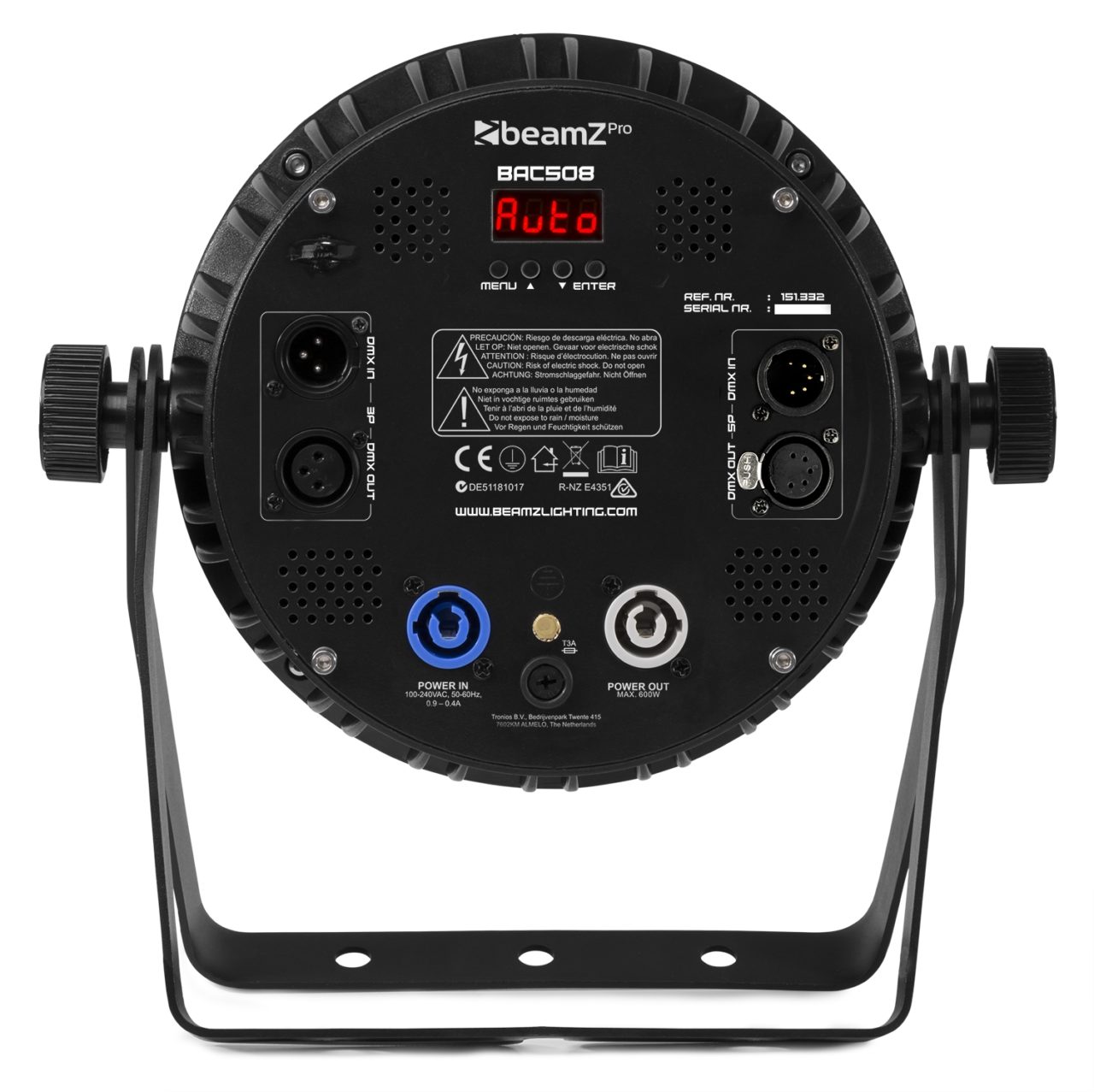Back view of the BAC509 Aluminum LED ProPar with 12x 10W 4-in-1 LEDs, RGBA color mixing, and lightweight housing by beamZ Pro.