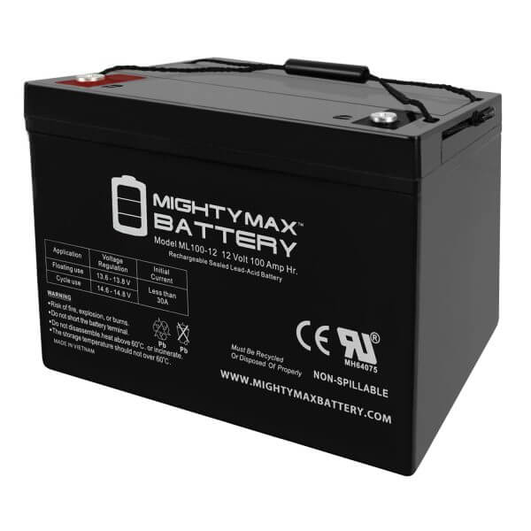 Image of a 12V 100Ah semi-sealed lead acid battery, showcasing its design and features.
