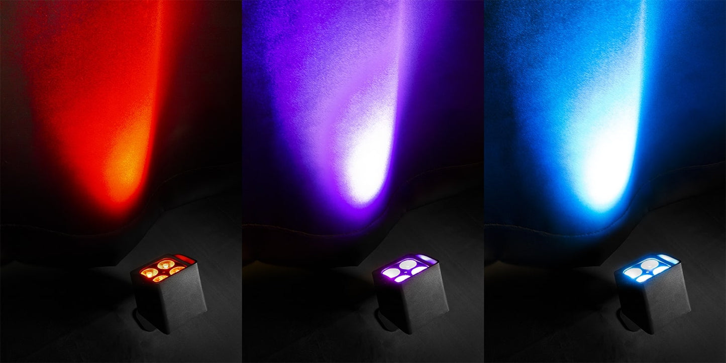 Effects view of the BBP44 Mini Battery Uplight 4x 4W RGBW LED Outdoor by beamZ 4.