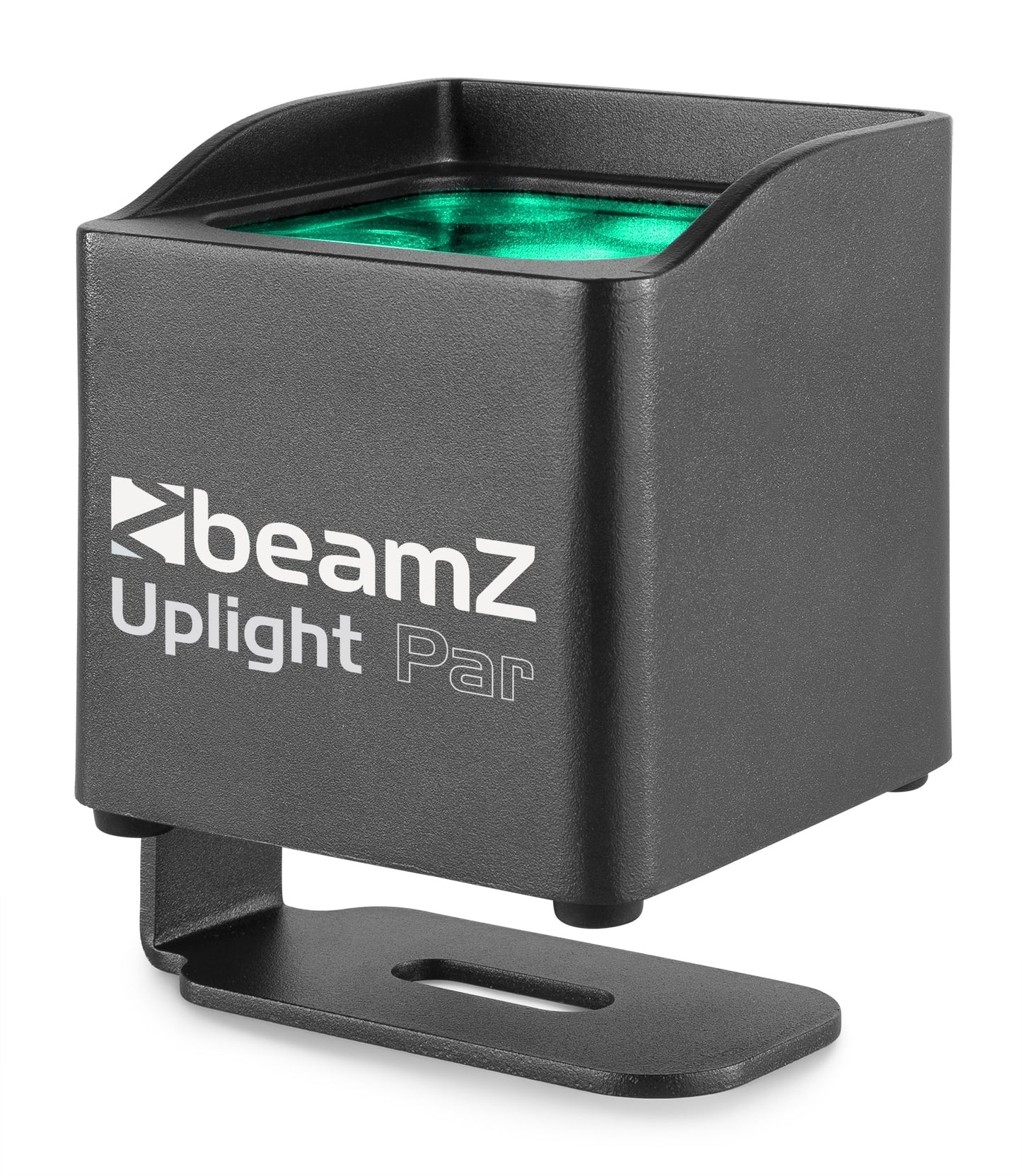 Angled view of the BBP44 Mini Battery Uplight 4x 4W RGBW LED Outdoor by beamZ in Green.