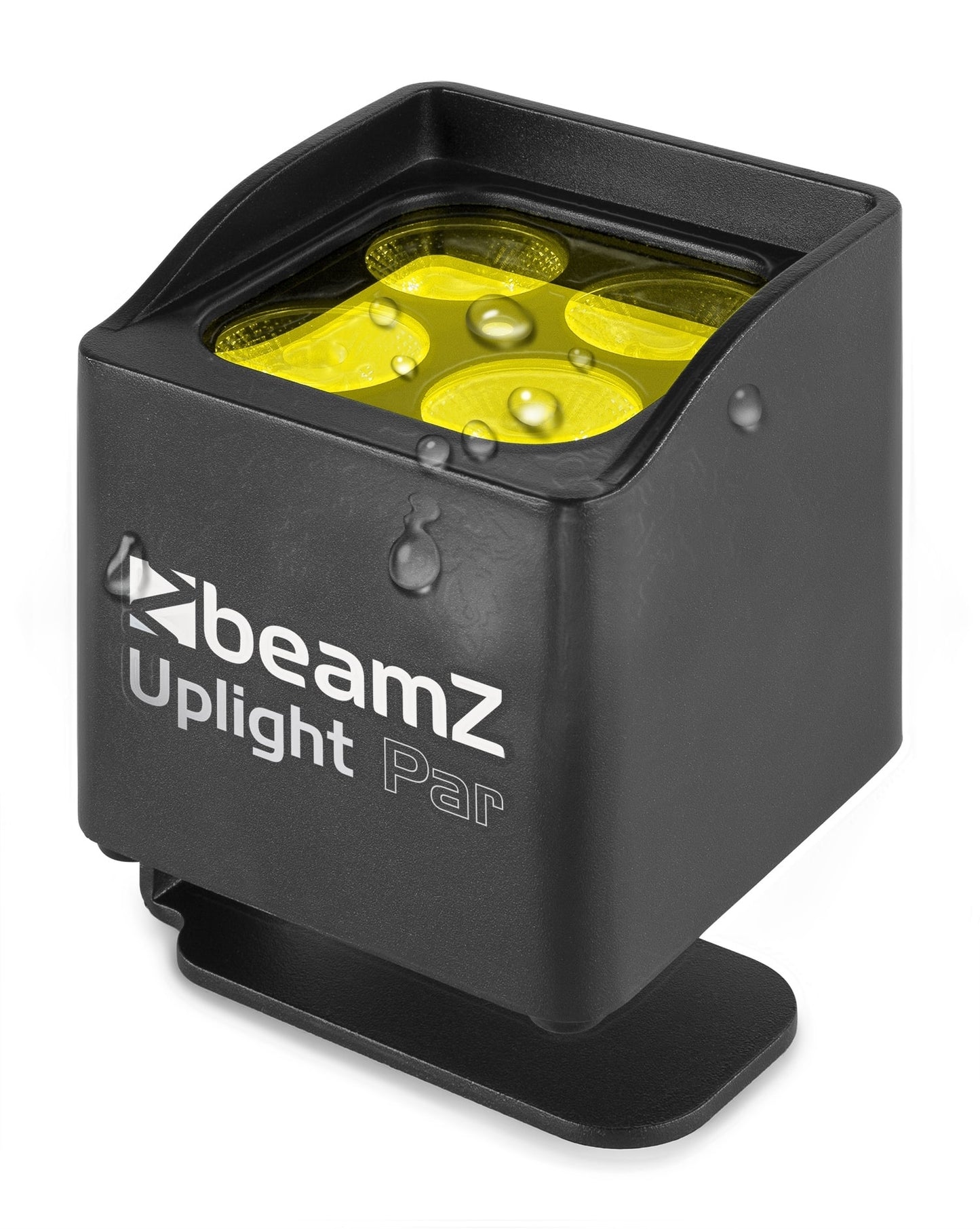 Angled view of the BBP44 Mini Battery Uplight 4x 4W RGBW LED Outdoor by beamZ in Yellow.