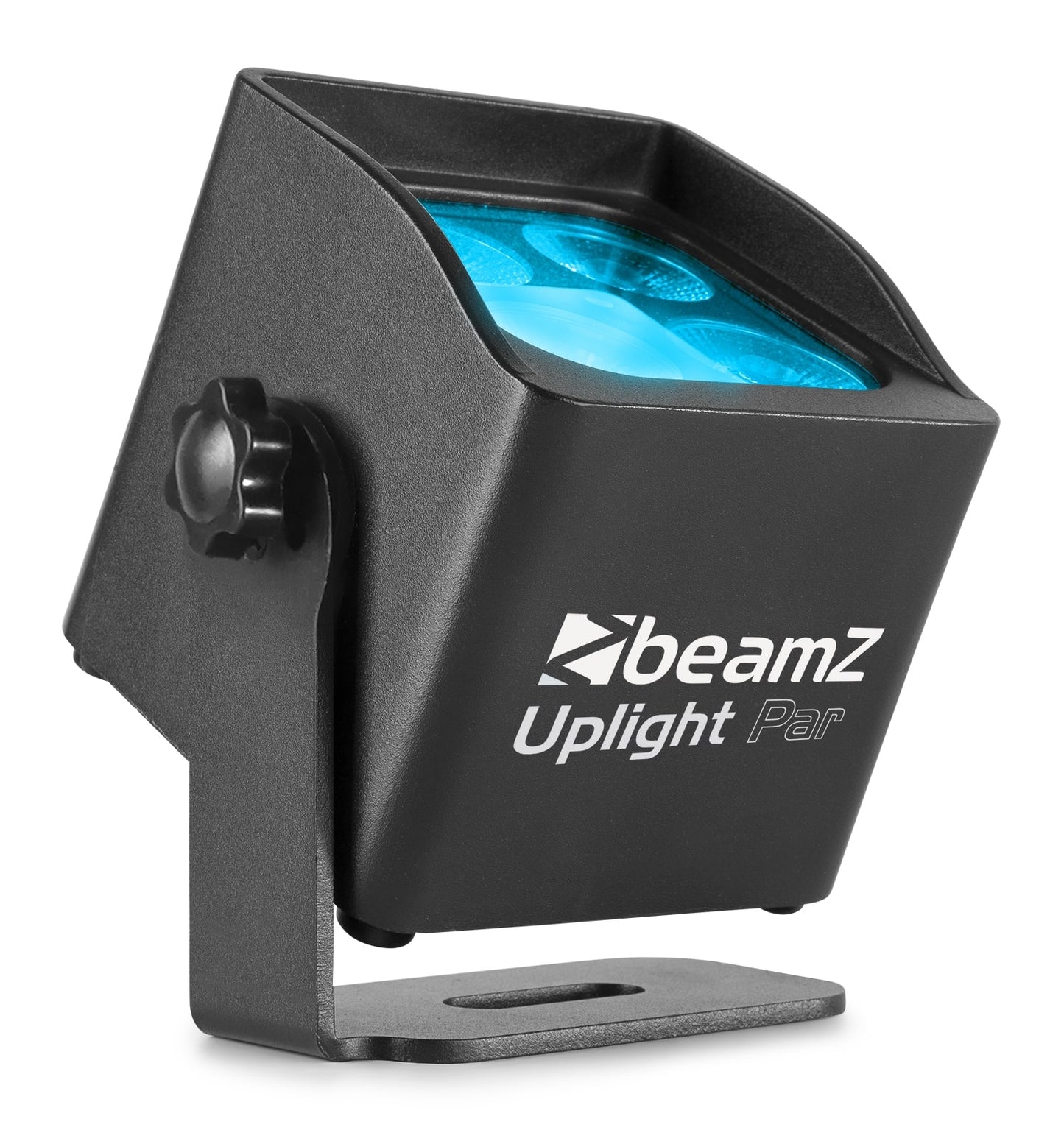 Angled view of the BBP44 Mini Battery Uplight 4x 4W RGBW LED Outdoor by beamZ in Blue.