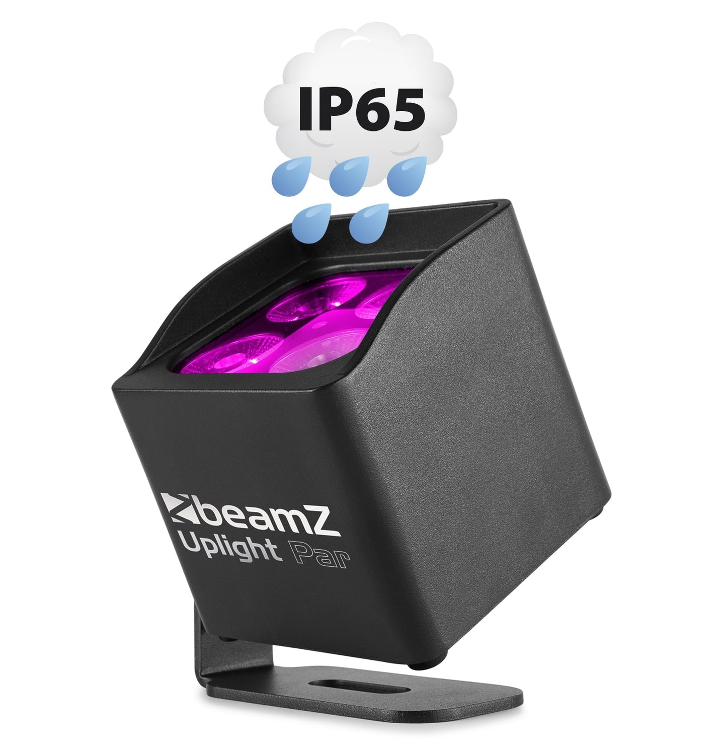 Angled view of the BBP44 Mini Battery Uplight 4x 4W RGBW LED Outdoor by beamZ in Pink.