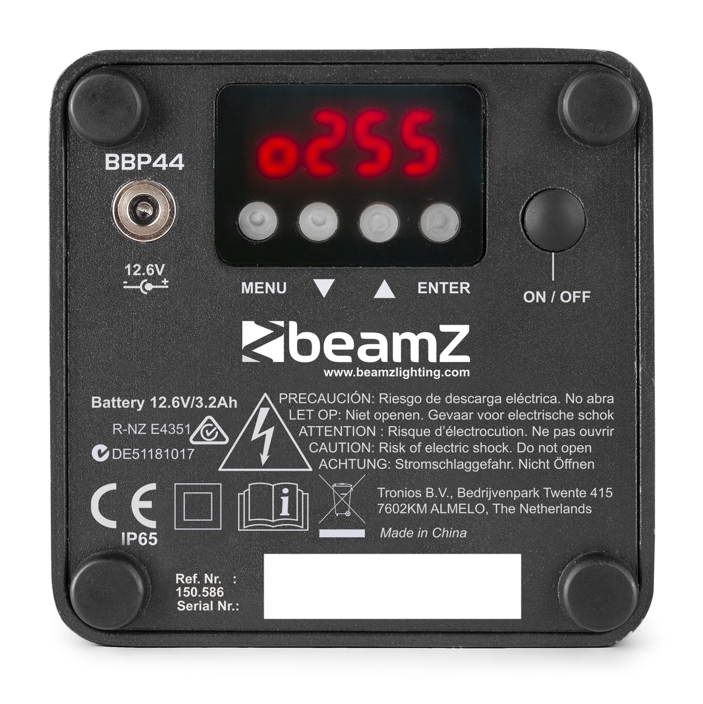 Bottom view of the BBP44 Mini Battery Uplight 4x 4W RGBW LED Outdoor by beamZ.