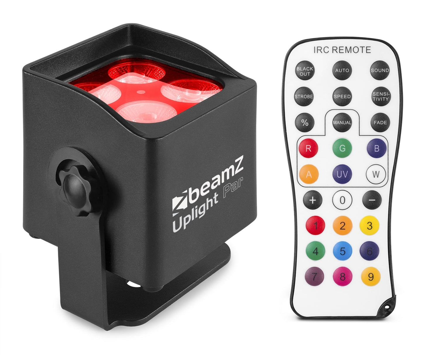 Top view of the BBP44 Mini Battery Uplight 4x 4W RGBW LED Outdoor by beamZ with remote control.