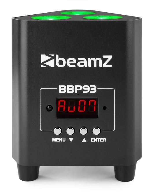 Front view of the BBP93 Battery Uplight Par 3x 10W RGBW LED by beamZ in Green.