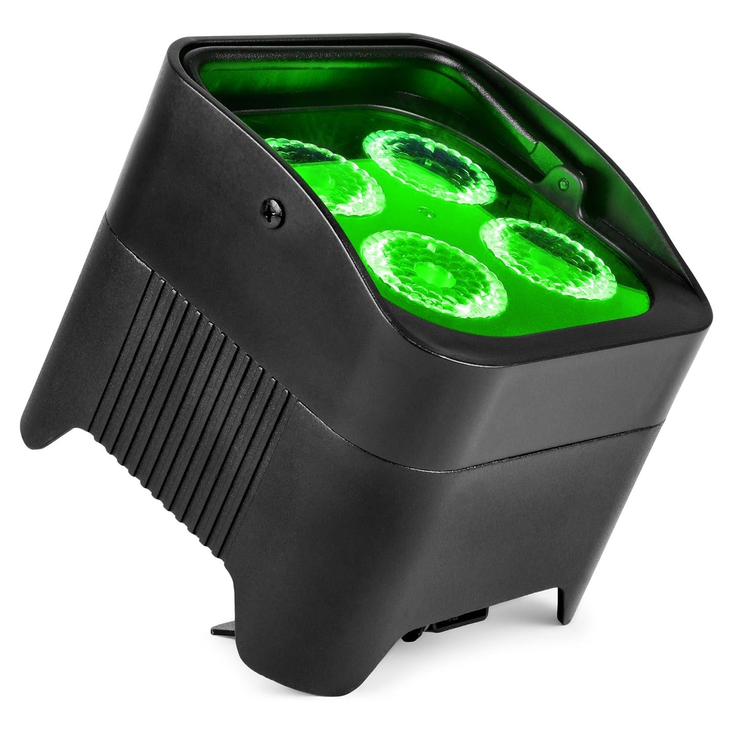 Top angled view of the BBP94W Battery Uplight Par with 4x 12W RGBAW-UV LEDs and Wireless DMX in Green.