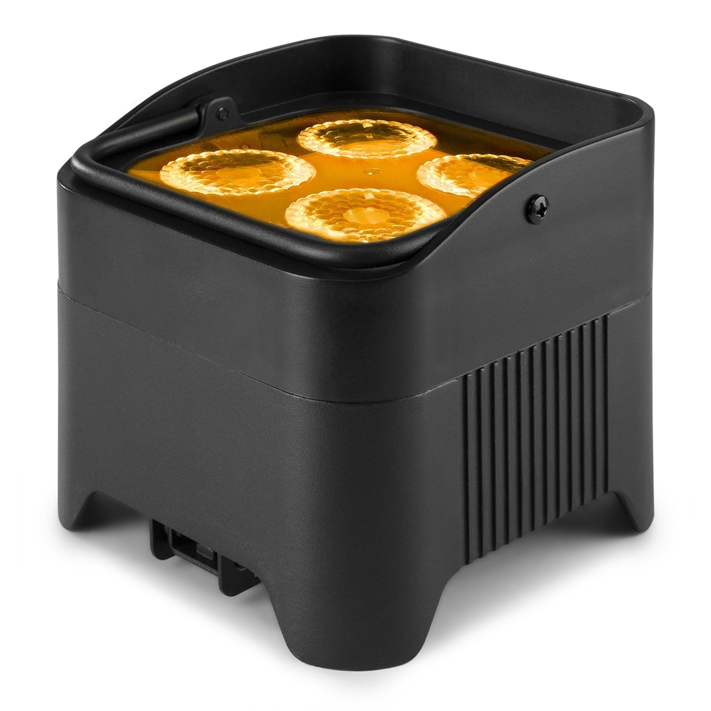Top angled view of the BBP94W Battery Uplight Par with 4x 12W RGBAW-UV LEDs and Wireless DMX in Orange.