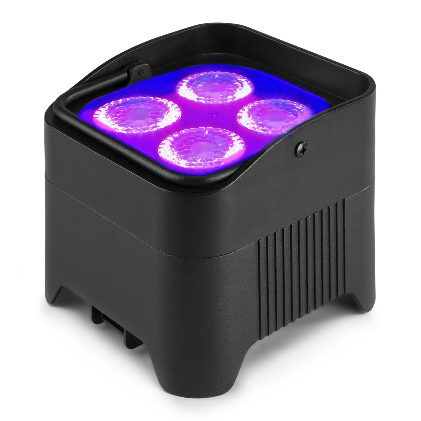 Top angled view of the BBP94W Battery Uplight Par with 4x 12W RGBAW-UV LEDs and Wireless DMX in Purple.