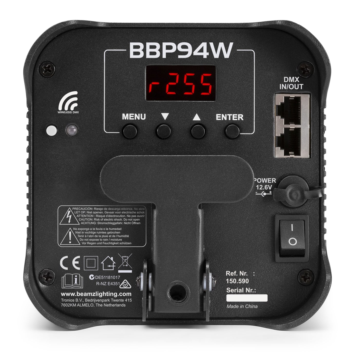 Bottom view of the BBP94W Battery Uplight Par with 4x 12W RGBAW-UV LEDs and Wireless DMX.