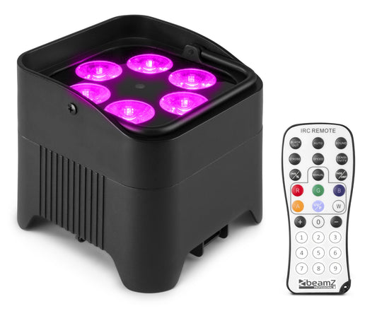 Top view of the BBP96S Battery Uplight Par with 6x 12W RGBAW-UV LEDs and Wireless DMX in Pink with remote control.