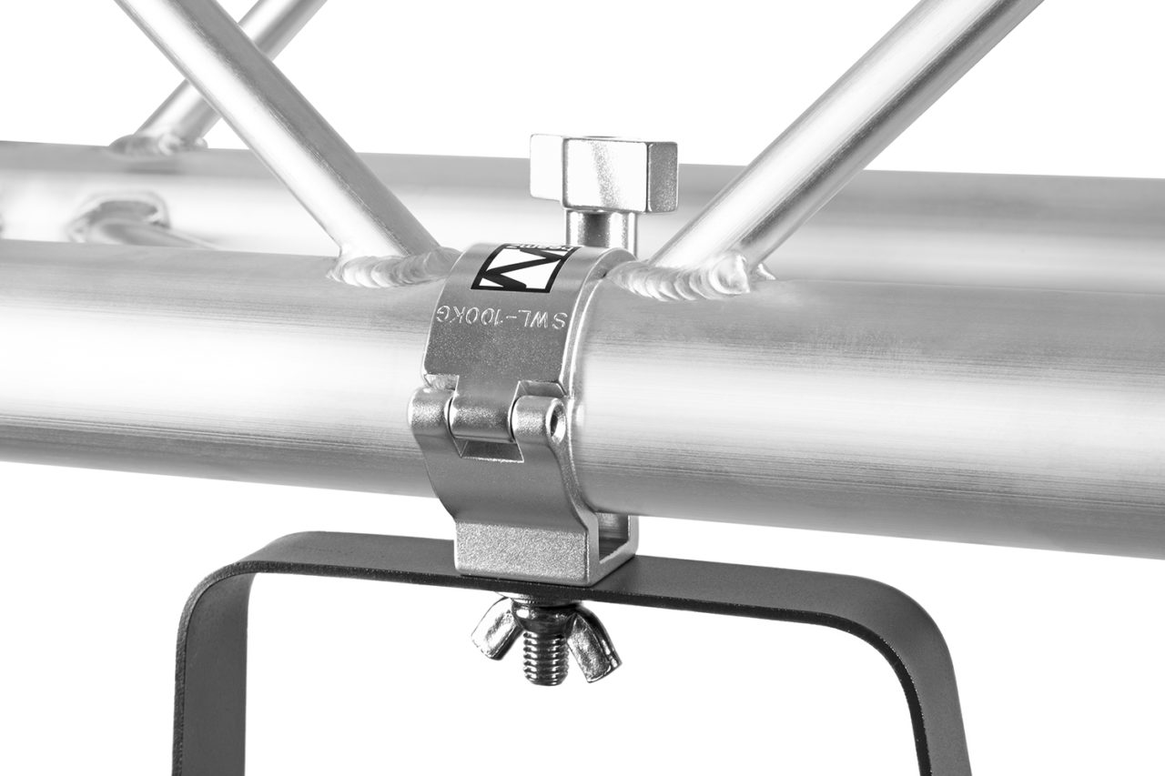 Front application view of the Heavy duty aluminium half coupler, supports up to 100kg, perfect for theater and stage setups.